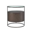 A luxurious dark woven oak bedside table with a glass table top