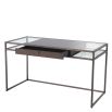 glass desk with glass tabletop and woven oak veneer drawer