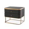 Black, faux leather bedside table with two drawers and diamond quilted upholstery