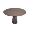 brutalist-inspired, round dining table with marble base and oak surface
