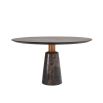 brutalist-inspired, round dining table with marble base and oak surface