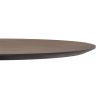 brutalist-inspired, round dining table with marble base and oak surface