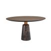 brutalist-inspired, round dining table with marble base and oak surface