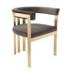 taupe upholstered chair with brushed brass frame 