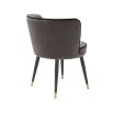 A classy dining chair with a grey velvet upholstery, swivel seat and golden capped feet 