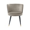 A sophisticated dining chair by Eichholtz with a luxury greige velvet upholstery, swivel seat, black tapered legs and gold capped feet