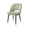 Pistachio green velvet set of 2 dining chairs with faux leather piping an d gold caps on black frame