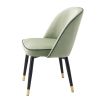 Pistachio green velvet set of 2 dining chairs with faux leather piping an d gold caps on black frame