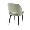 Pistachio green velvet set of 2 dining chairs with faux leather piping an d gold caps on black frame