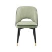 Pistachio green velvet set of 2 dining chairs with faux leather piping an d gold caps on black frame