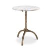A stylish white marble side table with a hammered antique brass base