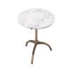 A stylish white marble side table with a hammered antique brass base