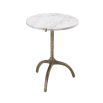 A stylish white marble side table with a hammered antique brass base