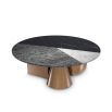 A fabulous round coffee table with a black, white and grey faux marble table top and copped-finished base  