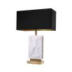 white marble lamp with black lampshade and brass accents 