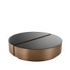 Semi-circular set of 2 coffee tables in a brushed copper finish with black bevelled glass tabletop