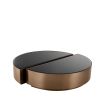 Semi-circular set of 2 coffee tables in a brushed copper finish with black bevelled glass tabletop