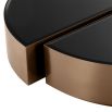 Semi-circular set of 2 coffee tables in a brushed copper finish with black bevelled glass tabletop