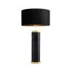 black marble table lamp with antique brass accents and a black lampshade