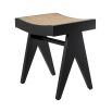 Solid wood stool with black legs and rattan cane webbed seat 