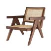 Rattan webbed, seated chair with brown V-shaped legs