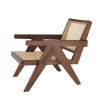 Rattan webbed, seated chair with brown V-shaped legs