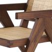 Rattan webbed, seated chair with brown V-shaped legs
