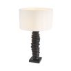 A luxurious bronze table lamp with a natural-toned lampshade