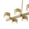 A contemporary 12 light chandelier made up of brass rings and finished in an antique brass.