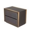 Mocha oak veneer side table with two drawer storage and brass accents