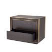 Mocha oak veneer side table with two drawer storage and brass accents