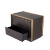 Mocha oak veneer side table with two drawer storage and brass accents