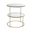Brushed brass finish side table with multiple circular glass shelving
