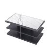Charcoal grey oak veneer side table with multiple shelving and a white marble surface