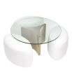 White coffee table with circular glass top and brushed brass frame
