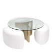 White coffee table with circular glass top and brushed brass frame