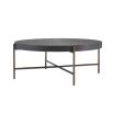 A solid stainless steel and wood coffee table in a gunmetal and bronze finish