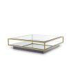 A contemporary glass coffee table with a brushed brass finish