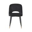 Set of 2 black velvet dining chairs with faux leather piping and golden detailing