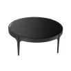 A contemporary chic coffee table by Eichholtz with a round black bevelled glass top, bronze frame and brass accents