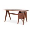 A stylish Danish-style retro desk with drawers in a natural brown finish