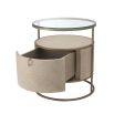 A chic washed oak bedside table with a brushed brass structure and clear glass tabletop