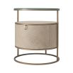 A chic washed oak bedside table with a brushed brass structure and clear glass tabletop