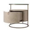 A chic washed oak bedside table with a brushed brass structure and clear glass tabletop