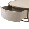 A luxurious washed oak veneer coffee table with a brushed brass frame