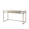 A luxurious brushed brass desk with a clear shelf and lower shelving