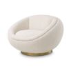 A sumptuous swivel chair by Eichholtz with a chic circular design, beautiful boucle cream upholstery and glamorous brushed brass base