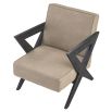 A chic, tan-toned leather armchair with contrasting dark brown x-shaped legs