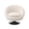 A luxurious contemporary swivel chair with boucle upholstery and a nickel swivel base