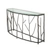 A stylish, nature-inspired console table by Eichholtz with a bronze branch-like frame and semi-circular clear glass top